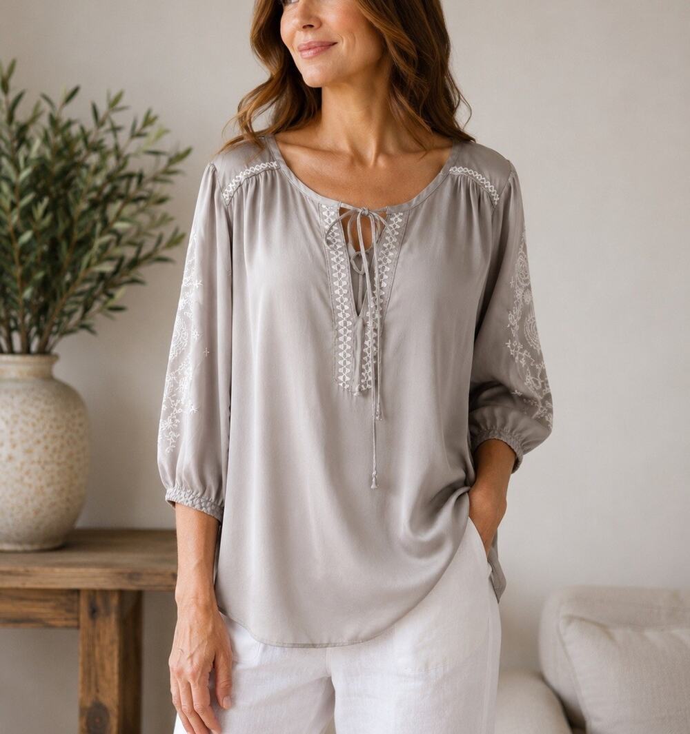 Blue Velvet Brand Silk Embroidered Peasant Blouse Gray Tie Neck Boho Tunic L